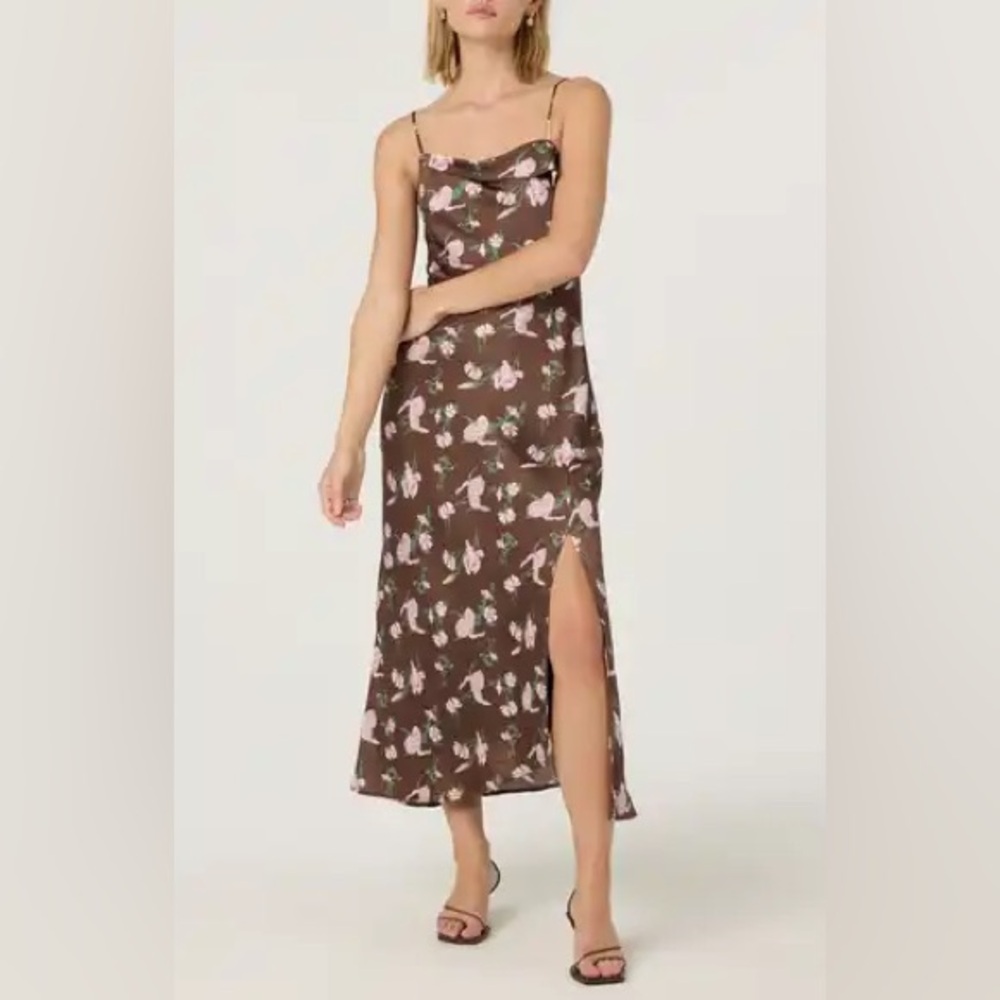 ASTR The Label Floral Satin Slip Midi Dress Size Small‎ Brown Pink New